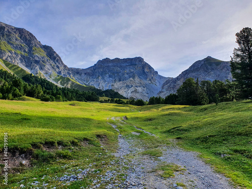 Schweizer Berglandschaft mit einem Almweg der gekiesst ist, Sommer, blauer Himmel