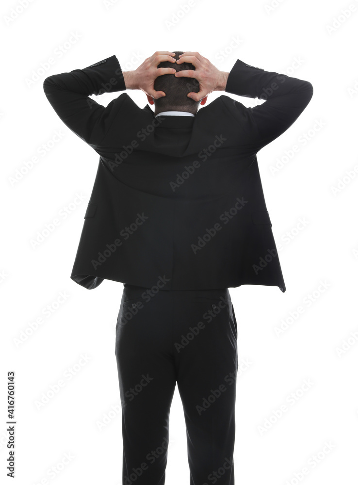 Businessman in suit on white background, back view Businessman in suit on white background, back view