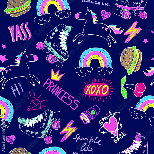 hand drawn fashion girls pattern. Colourful modern teenagers background with graffiti elements, stickers. girlish  print for textile, clothes, wrapping paper.