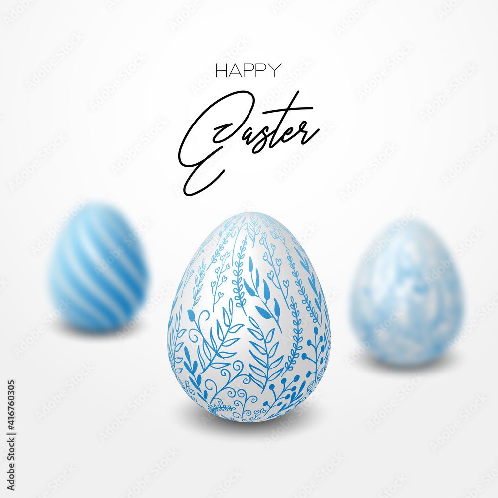 Happy easter template with blue, white rustic floral eggs, dotted background. Vector illustration. Design layout for invitation, card, menu, flyer, banner, poster, voucher. Elegant design Happy easter template with blue, white rustic floral eggs, dotted background. Vector illustration. Design layout for invitation, card, menu, flyer, banner, poster, voucher. Elegant design