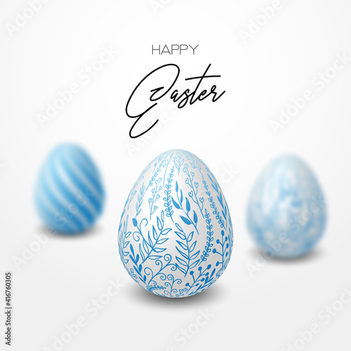 Happy easter template with blue, white rustic floral eggs, dotted background. Vector illustration. Design layout for invitation, card, menu, flyer, banner, poster, voucher. Elegant design