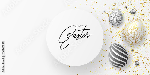 Canvas Print Happy easter template with blue, white rustic floral eggs, dotted background