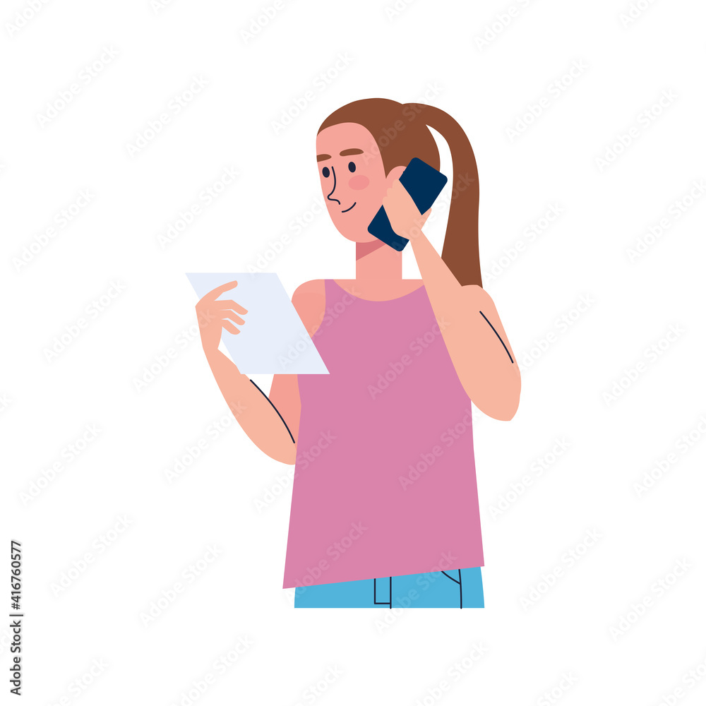 young woman using smartphone reading document vector illustration design young woman using smartphone reading document vector illustration design
