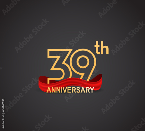 39 anniversary logotype design with line golden color and red ribbon isolated on dark background can be use for celebration, greeting card and special moment event