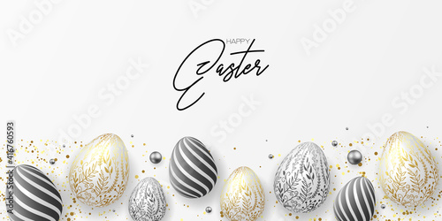 Happy easter template with blue, white rustic floral eggs, dotted background. Vector illustration. Design layout for invitation, card, menu, flyer, banner, poster, voucher. Elegant design