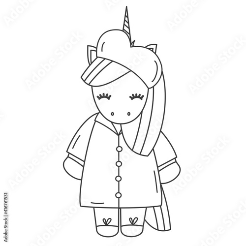Cute lovely cartoon black and white character unicorn in french style funny vector illustration for coloring art
