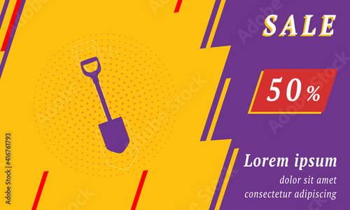 Sale promotion banner with place for your text. On the left is the shovel symbol. Promotional text with discount percentage on the right side. Vector illustration on yellow background