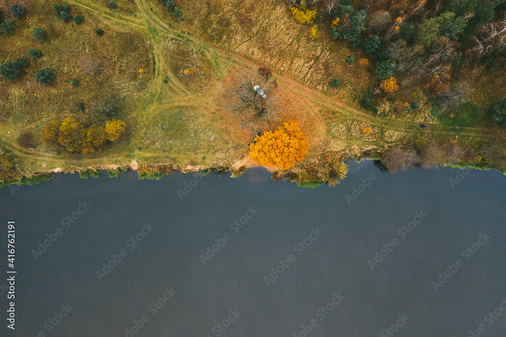 Obraz premium Scenic aerial view of lake on the river with calm water and colorful autumn forest on picturesque shores. Beautiful large oak tree by the river
