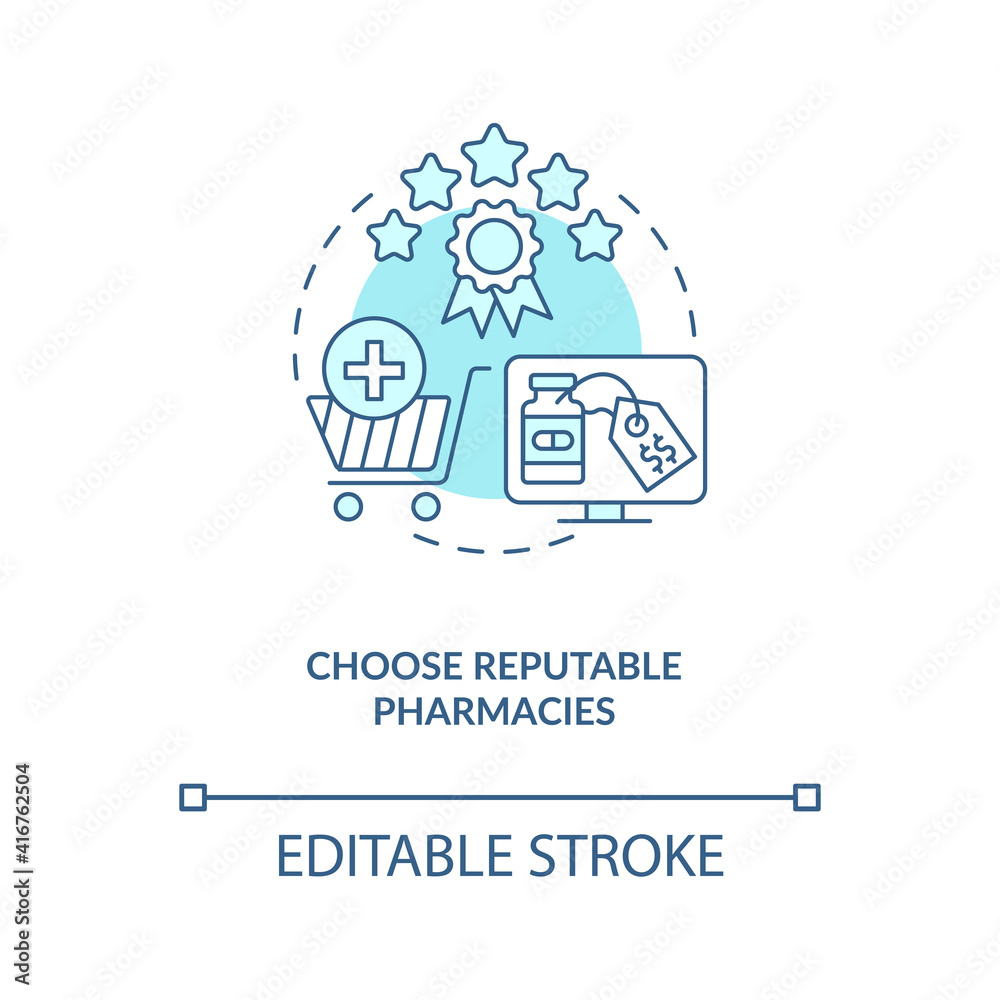 Choose reputable pharmacies concept icon. Buying drugs. Getting medicines from home idea thin line illustration. Buying medicine online tips. Vector isolated outline RGB color drawing. Editable stroke