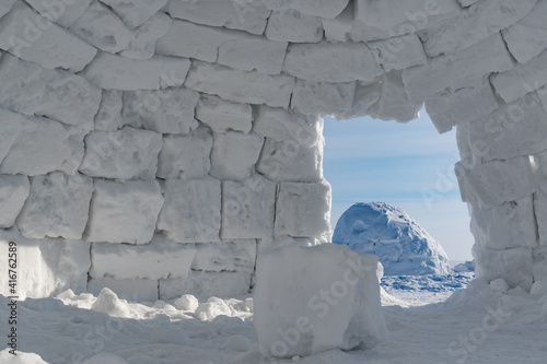 Tableau sur toile Winter dwelling of Eskimos inside view. Igloo. Eskimos village.