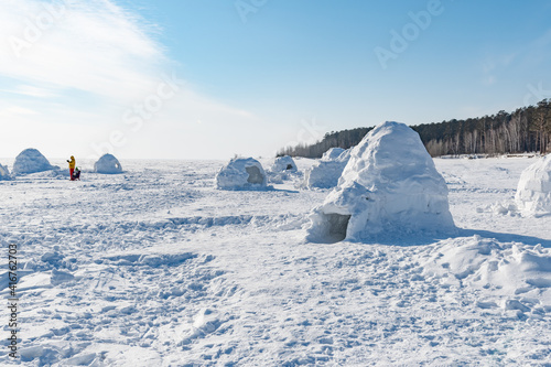 Winter dwelling of Eskimos. Igloo. Eskimos village.