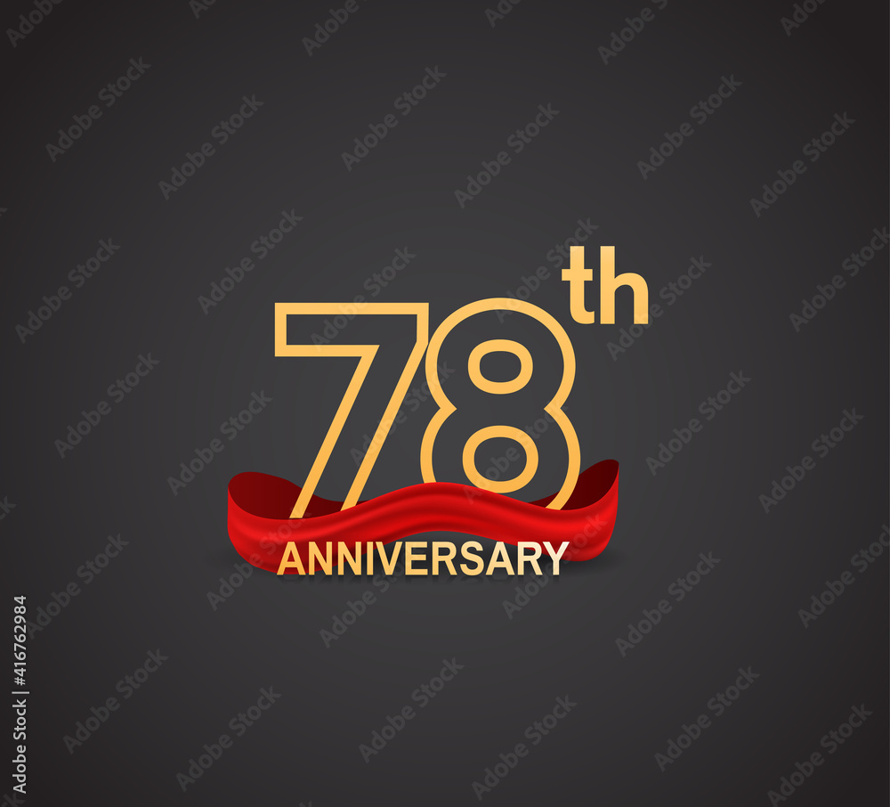 78 anniversary logotype design with line golden color and red ribbon isolated on dark background can be use for celebration, greeting card and special moment event