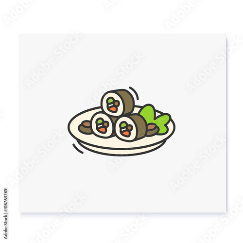 Kimbap color icon. Korean seaweed wrapped rolls. Traditional korean rolls with rice, cream cheese, fried pork or seafood. Korean cuisine concept.Isolated vector illustration