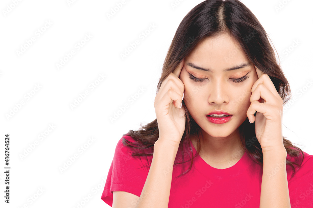 Portraits of young Asian women. Is contemplating, wondering, headache with anxious, not happy, beautiful woman with unconfidence, beautiful on a white background. Portraits of young Asian women. Is contemplating, wondering, headache with anxious, not happy, beautiful woman with unconfidence, beautiful on a white background.