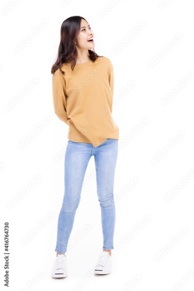 Beautiful young woman standing in full body in casual wear , Mixed race Asian Caucasian girl. Happy face, a confident, beautiful woman isolated on a white background. Beautiful young woman standing in full body in casual wear , Mixed race Asian Caucasian girl. Happy face, a confident, beautiful woman isolated on a white background.