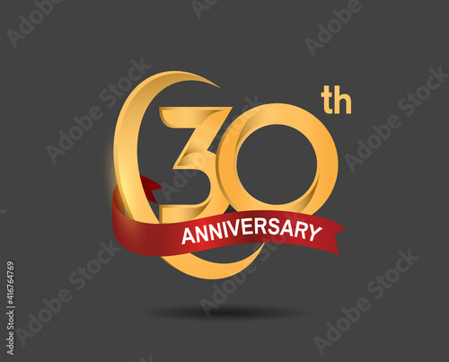 30 anniversary design logotype golden color with ring and red ribbon for celebration, greeting card, invitation and special event
