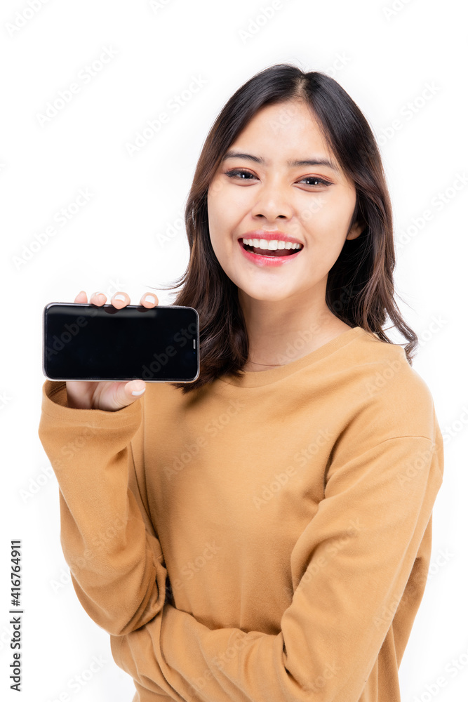 Portrait of Asian woman showing or presenting mobile phone application on hand isolated over white background, Portrait of Asian woman showing or presenting mobile phone application on hand isolated over white background,