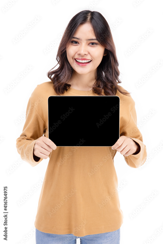 Portrait of Asian woman showing or presenting tablet computer on hand over white background, Portrait of Asian woman showing or presenting tablet computer on hand over white background,