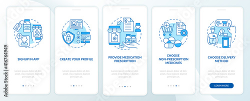 Online medication order steps onboarding mobile app page screen with concepts. Address and telephone number walkthrough 5 steps graphic instructions. UI vector template with RGB color illustrations