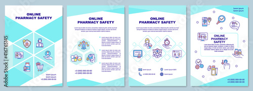 Online pharmacy safety brochure template. Internet order. Flyer, booklet, leaflet print, cover design with linear icons. Vector layouts for magazines, annual reports, advertising posters