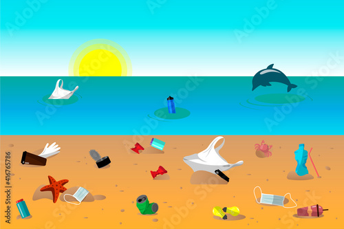 Sandy beach, ocean and debris. Pollution of ocean and environment. Stop plastic. Dolphin among trash