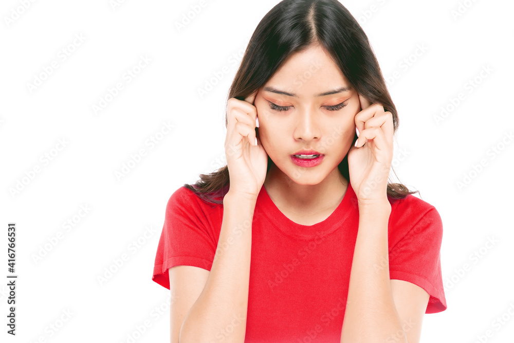 Portraits of young Asian women. Is contemplating, wondering, headache with anxious, not happy, beautiful woman with unconfidence, beautiful on a white background. Portraits of young Asian women. Is contemplating, wondering, headache with anxious, not happy, beautiful woman with unconfidence, beautiful on a white background.