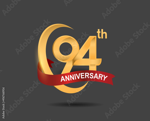 94 anniversary design logotype golden color with ring and red ribbon for celebration, greeting card, invitation and special event
