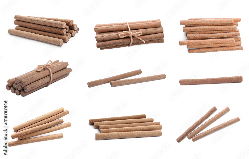 Set with aromatic incense sticks on white background