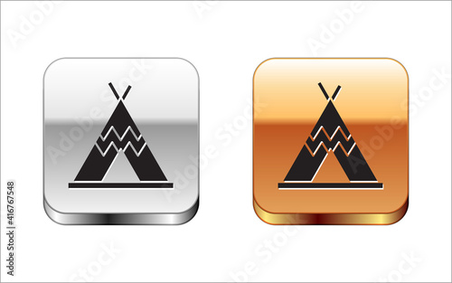 Black Traditional indian teepee or wigwam icon isolated on white background. Indian tent. Silver and gold square buttons. Vector.