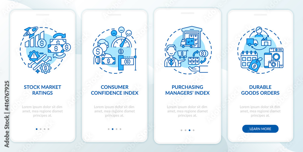 Purchasing manager index onboarding mobile app page screen with concepts. Durable goods orders walkthrough 4 steps graphic instructions. UI vector template with RGB color illustrations