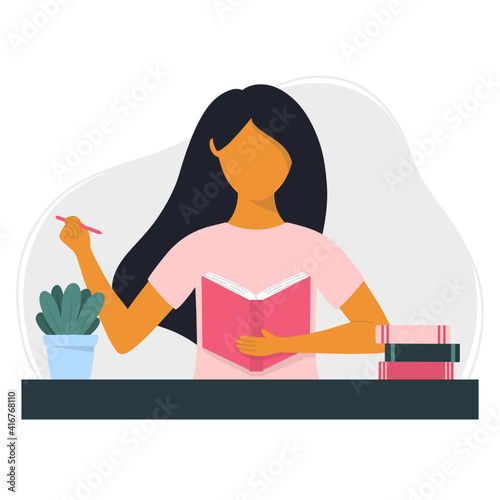 Woman making notes in a notebook, diary or journal. Studying student making notes in a book. Flat style vector illustration.