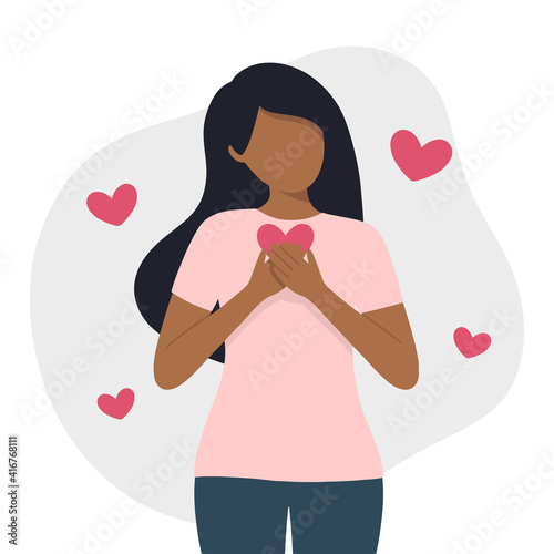 Self love concept flat vector illustration. Black woman standing and love herself with abstract background and heart shaped elements around.