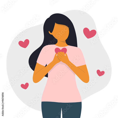 Self love concept flat style vector illustration. Beautiful young woman in love with self.