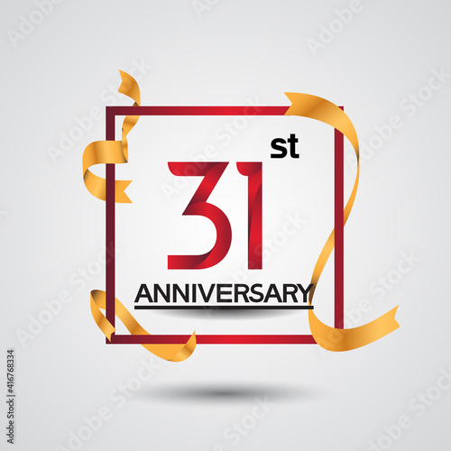 31 anniversary design with red color in square and golden ribbon isolated on white background for celebration event and special moment
