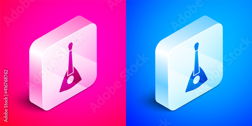Isometric Musical instrument balalaika icon isolated on pink and blue background. Silver square button. Vector.
