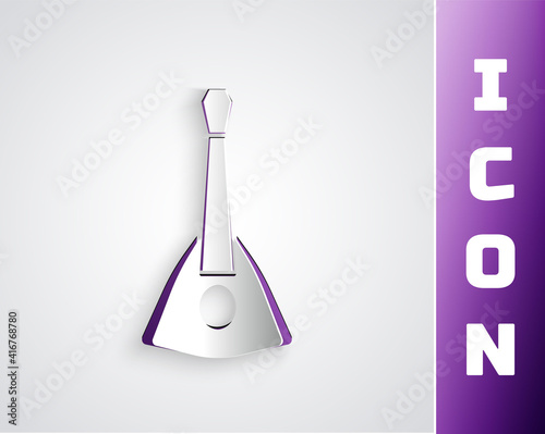 Paper cut Musical instrument balalaika icon isolated on grey background. Paper art style. Vector.