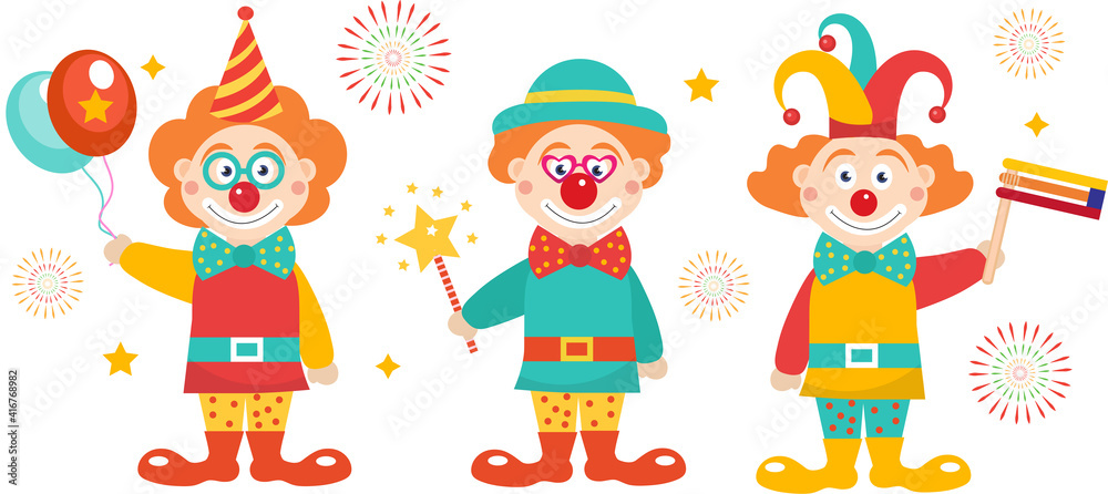 Happy purim banner template with clowns. Purim Carnival in Israel, Jewish holiday. Vector illustration