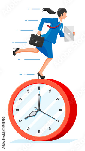 Big clock and businesswoman is fast running with waving necktie and briefcase. Business woman rushing hurry to get on time. Time is money. Flat vector illustration