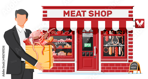 Butcher shop store facade with man customer. Meat street market. Meat store stall showcase counter. Sausage slices delicatessen gastronomic product of beef pork chicken. Flat vector illustration