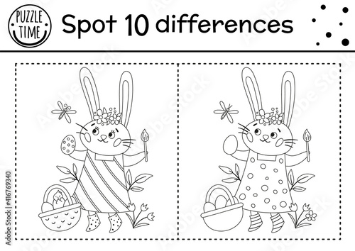 Easter find differences game for children. Holiday black and white educational activity and coloring page with funny bunny coloring egg. Spring seasonal printable worksheet with cute character. .