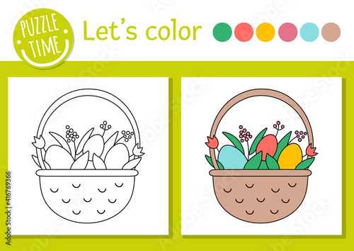 Easter coloring page for children. Funny basket with eggs and flowers. Vector holiday outline illustration with cute traditional object. Adorable spring color book for kids with colored example.