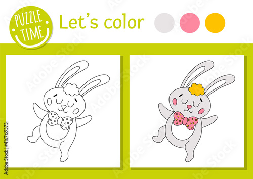 Easter coloring page for children. Funny bunny with bow. Vector holiday outline illustration with cute traditional animal. Adorable spring color book for kids with colored example.
