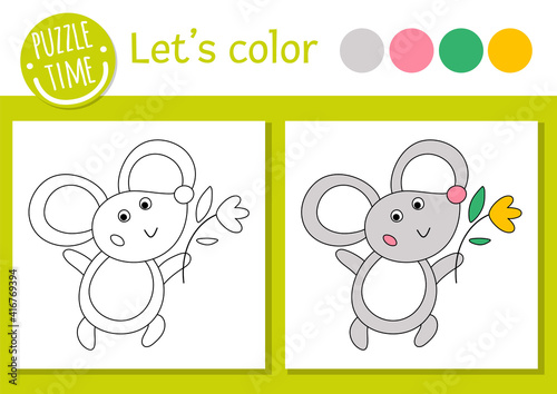 Easter coloring page for children. Funny mouse with flower. Vector holiday outline illustration with cute traditional animal. Adorable spring color book for kids with colored example.