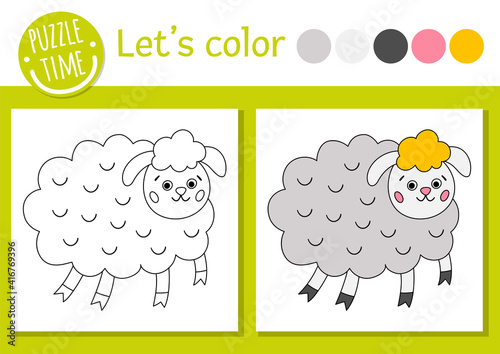 Easter coloring page for children. Funny sheep picture. Vector holiday outline illustration with cute farm animal. Adorable spring color book for kids with colored example.