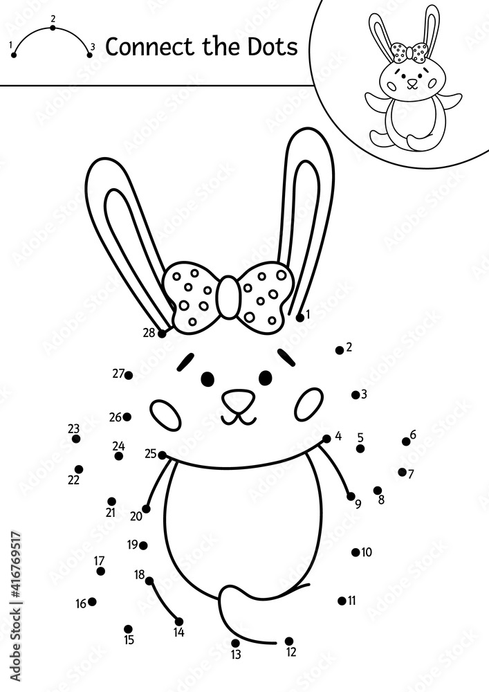 Vector Easter Dot to dot And Color Activity With Cute Bunny Spring