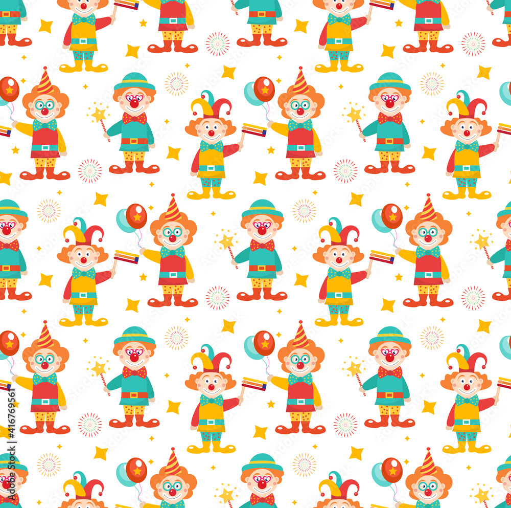 Happy purim seamless pattern with clowns. Circus, carnival endless texture, background. Vector illustration