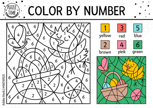 Vector Easter color by number activity with chick, basket, butterfly, eggs. Spring holiday coloring and counting game with cute bird. Funny coloration page for kids with traditional symbols. .