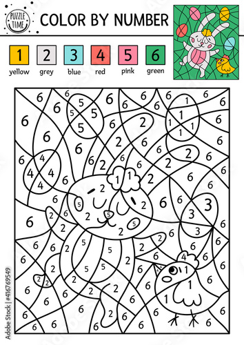 Vector Easter color by number activity with bunny, bird, eggs. Spring holiday coloring and counting game with cute animals. Funny coloration page for kids with traditional symbols. .