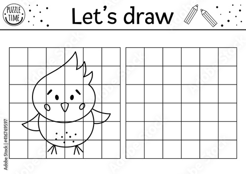 Complete the chicken picture. Vector Easter drawing practice worksheet. Spring printable black and white activity for pre-school children. Copy the picture farm themed game for kids.