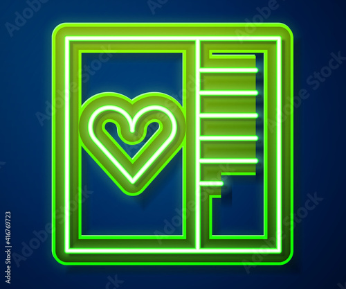 Glowing neon line Postcard with heart icon isolated on blue background. Message love. Letter love and romance. Vector.